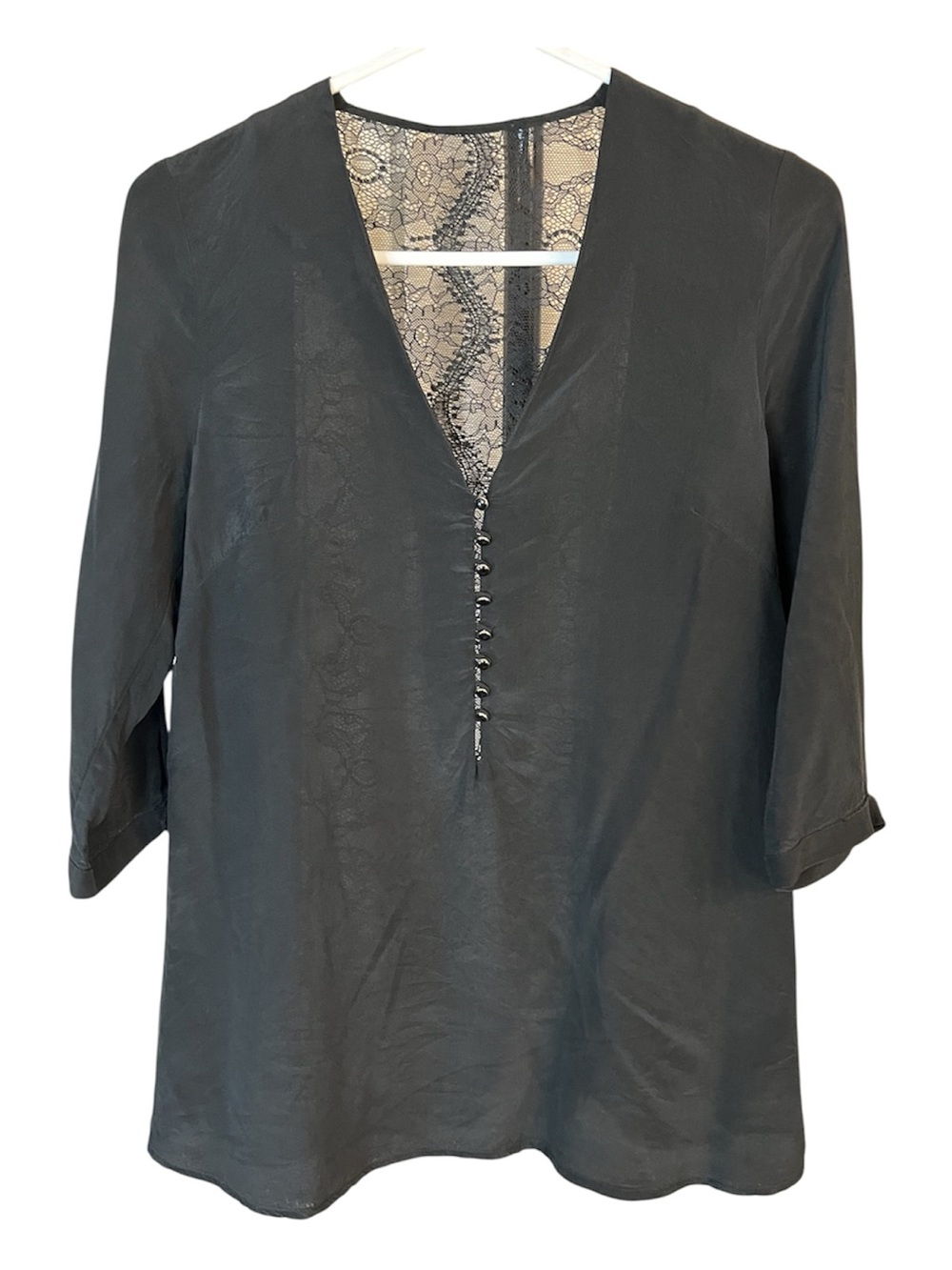 Sandro Black Silk Lace-Back V-Neck Tunic